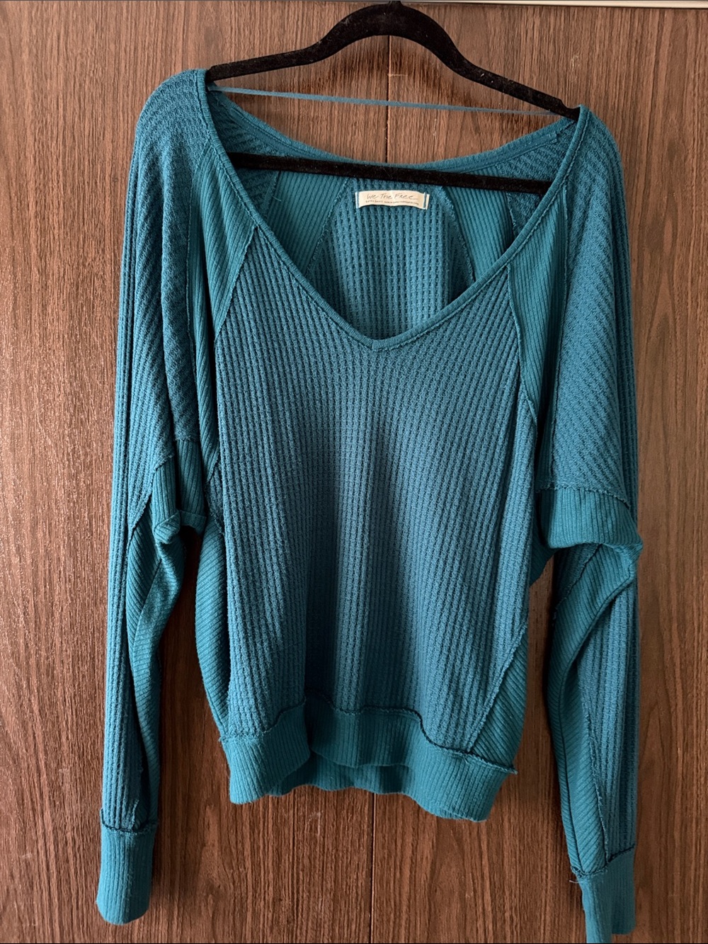 We The Free Teal Waffle Knit V-Neck Sweater